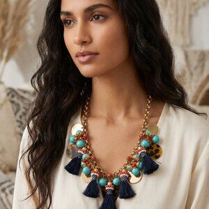 J. Crew Beautiful Chaos Gold, Red, Turquoise and Blue Bohemian Necklace